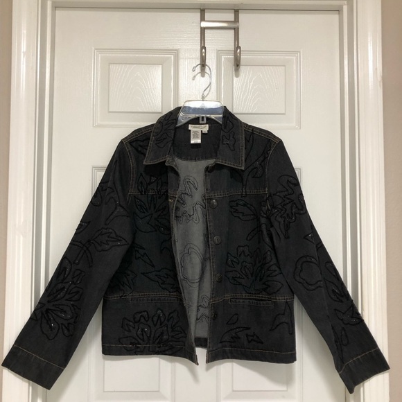 Coldwater Creek Cotton Embroidered Beaded Buttoned Pockets Black Denim Jacket MP - Picture 6 of 13